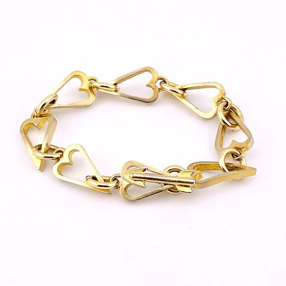 Chunky Heart Link Bracelet Gold Over Sterling Vermeil 6.25 In Arrow Clasp Retro - Picture 1 of 4
